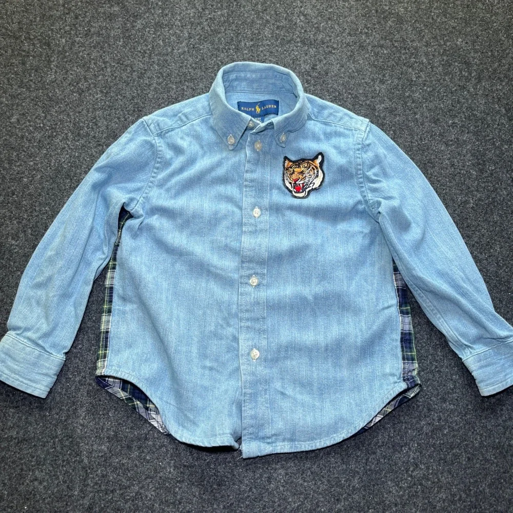 Ralph Lauren Button Down Shirt Kids 3T Blue Excellent Tiger Plaid Denim Flannel